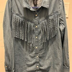100% Cotton Wrangler Denim Fringe Button-Up Shirt